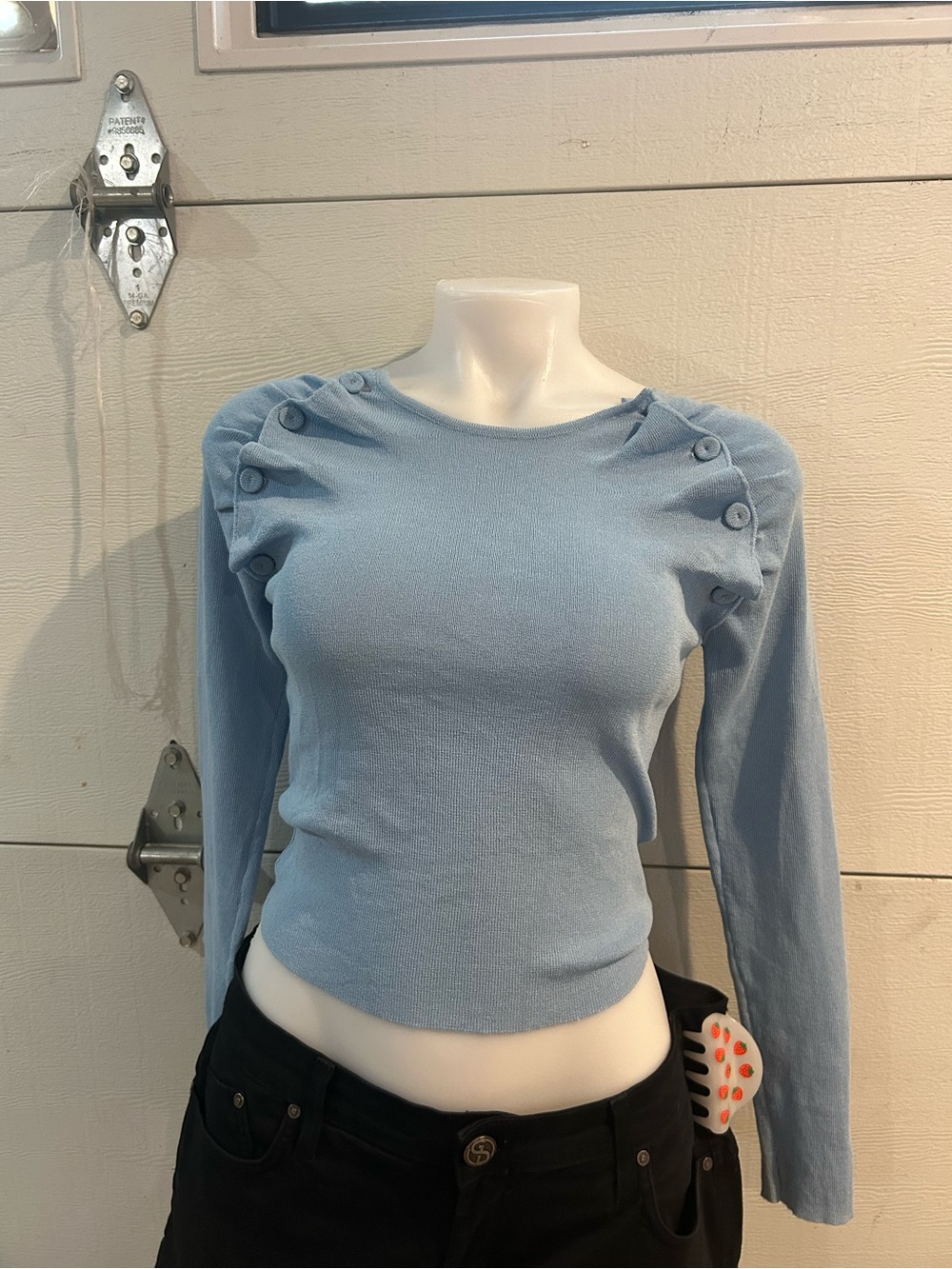 Zara Pale Blue Long Sleeve Knit Top with Shoulder Button Detail